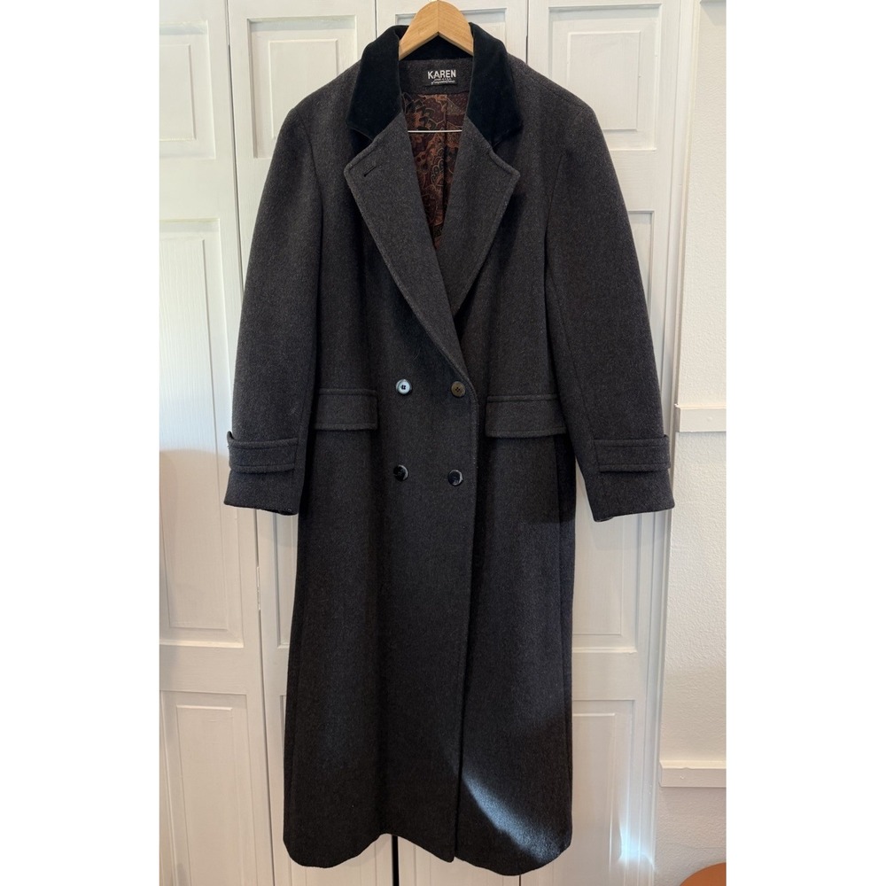 VTG Karen Wool Cashmere Wmns Overcoat Velvet Union Made Old Money Academia M/LG